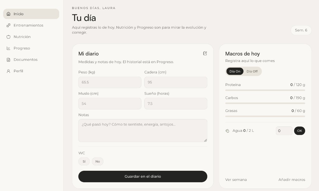 Inicio de la plataforma privada ESSENTIA, con el diario del día y los macros
